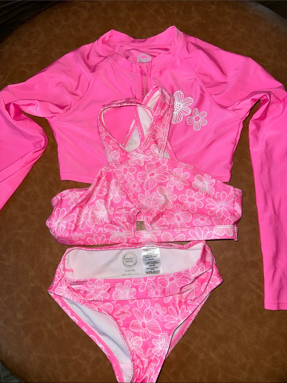wonder nation Bright Pink Floral Girls 6x 3-Piece Swim Set